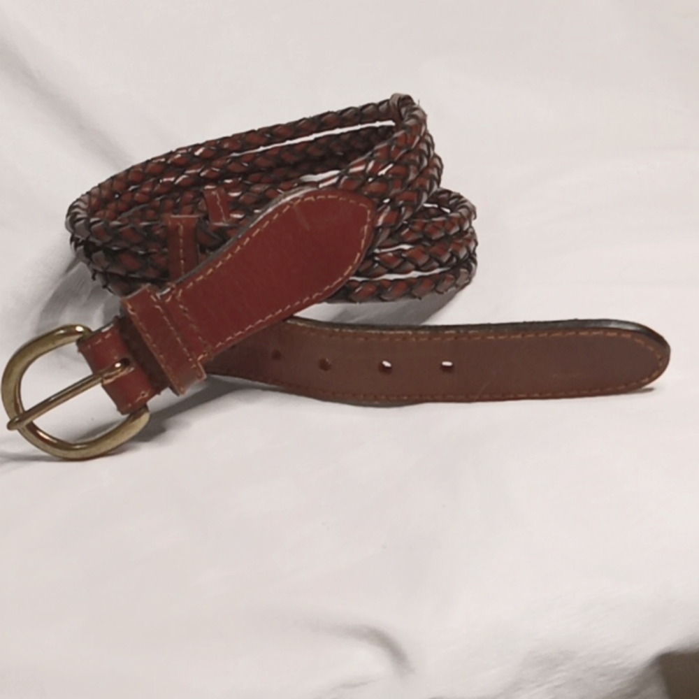 leather belt Talbots braided brown solid brass buckle